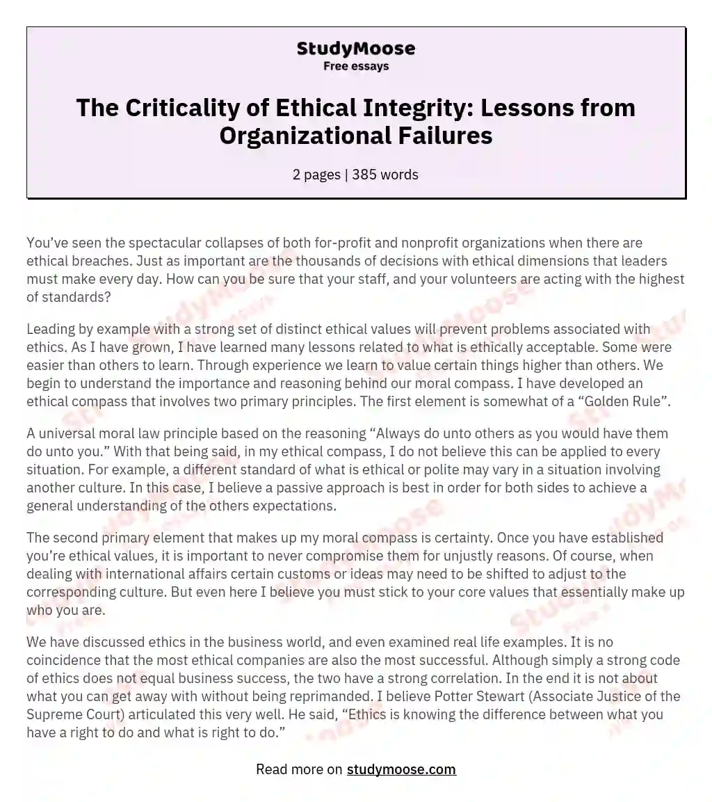 The Criticality of Ethical Integrity: Lessons from Organizational Failures