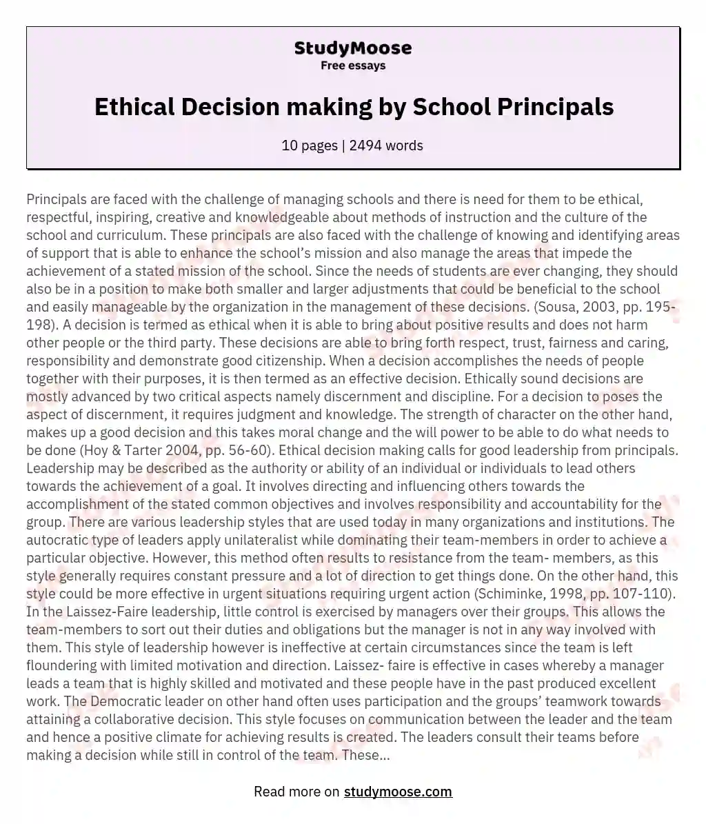 Ethical Decision making by School Principals