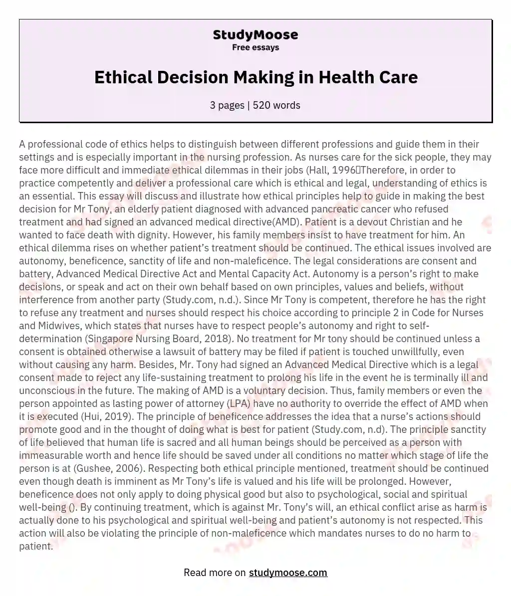 Ethical Decision Making in Health Care
