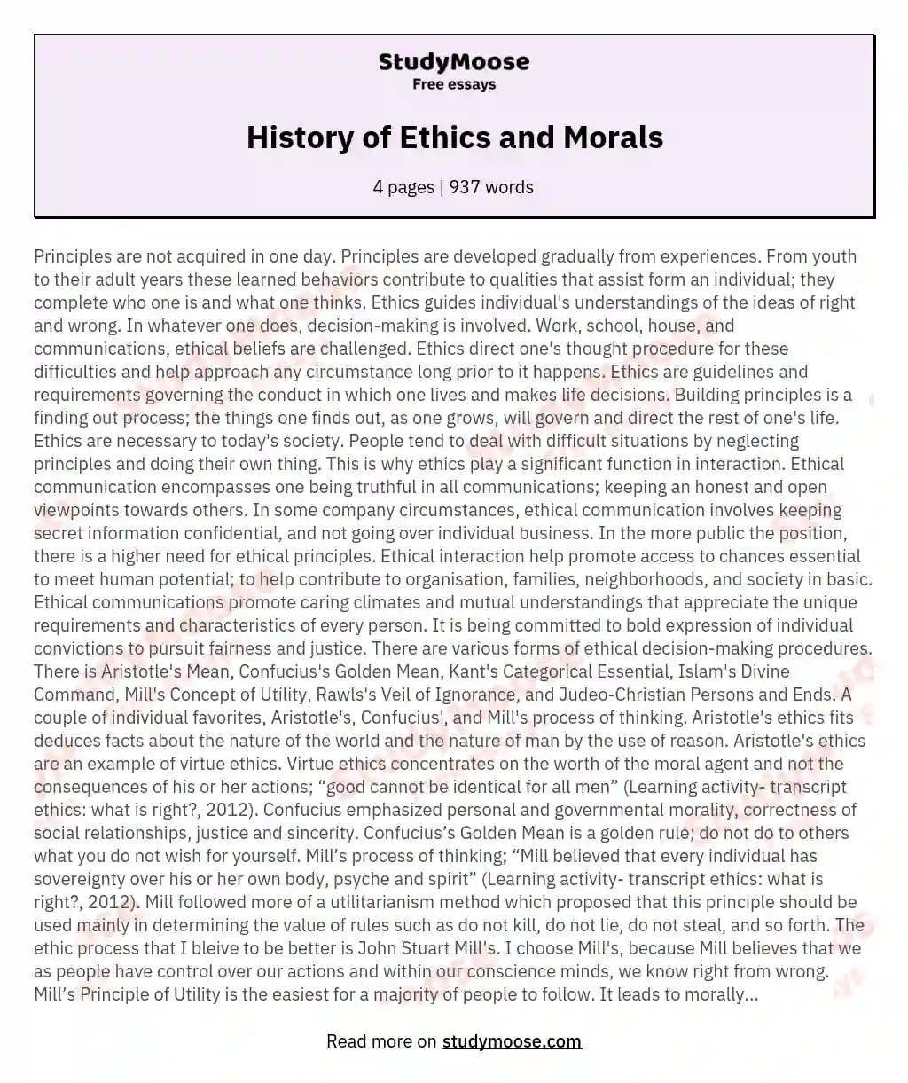 History of Ethics and Morals essay