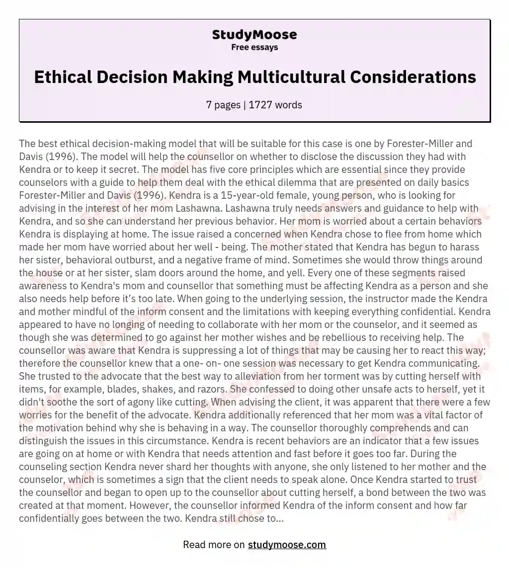 Ethical Decision Making Multicultural Considerations essay
