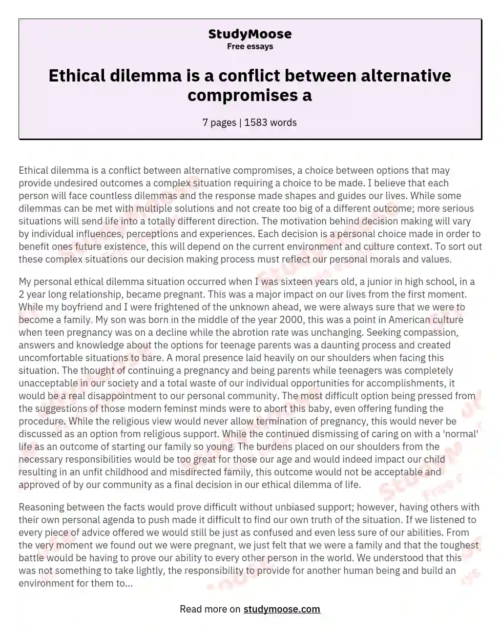 Ethical dilemma is a conflict between alternative compromises a essay