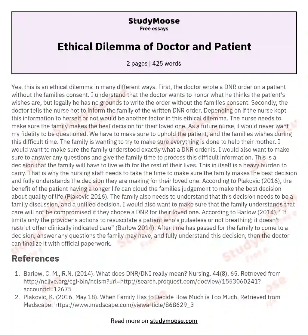 Ethical Dilemma of Doctor and Patient
