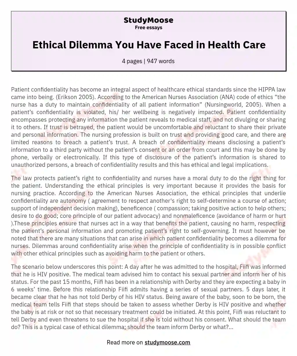 Ethical Dilemma You Have Faced in Health Care essay