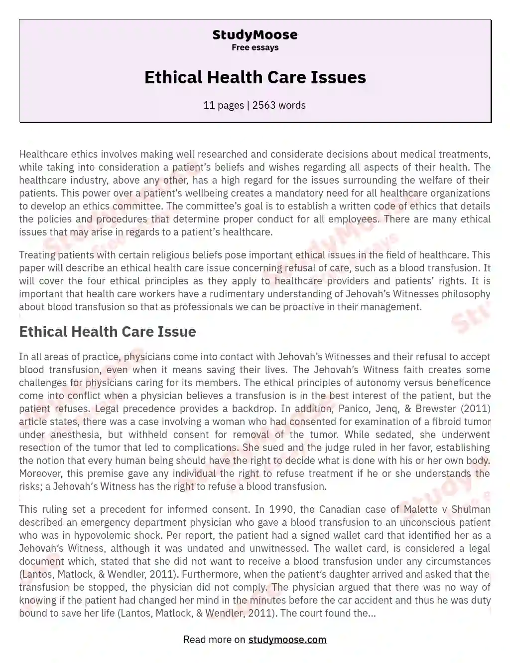 Ethical Health Care Issues essay