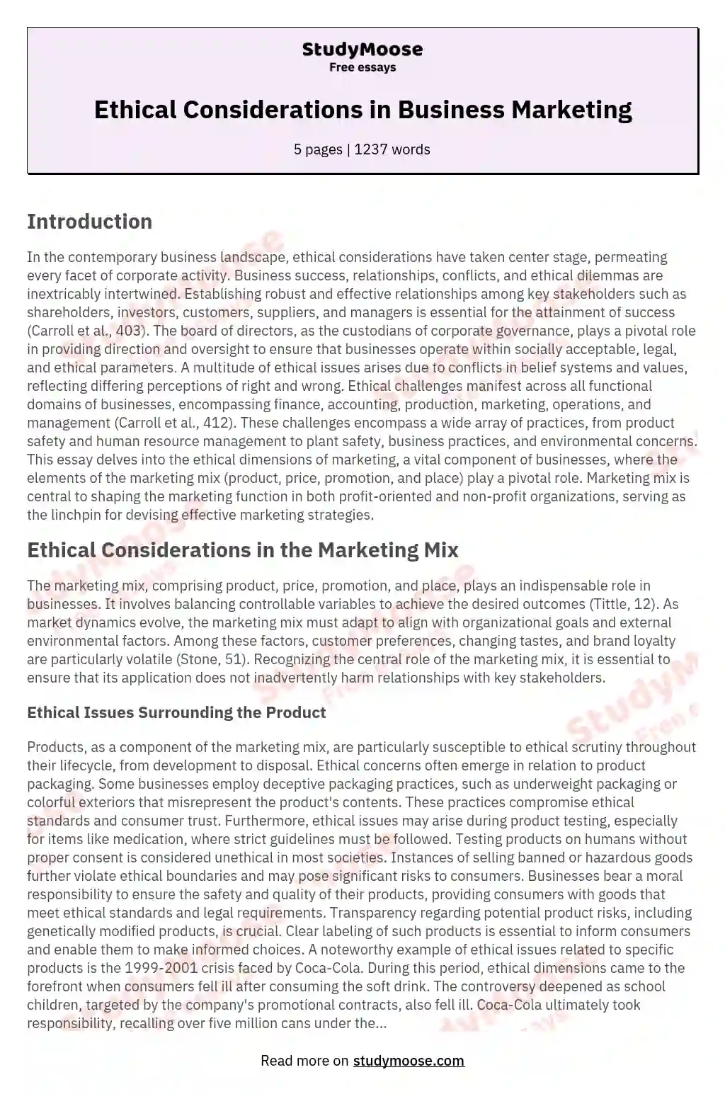 Ethical Considerations in Business Marketing essay