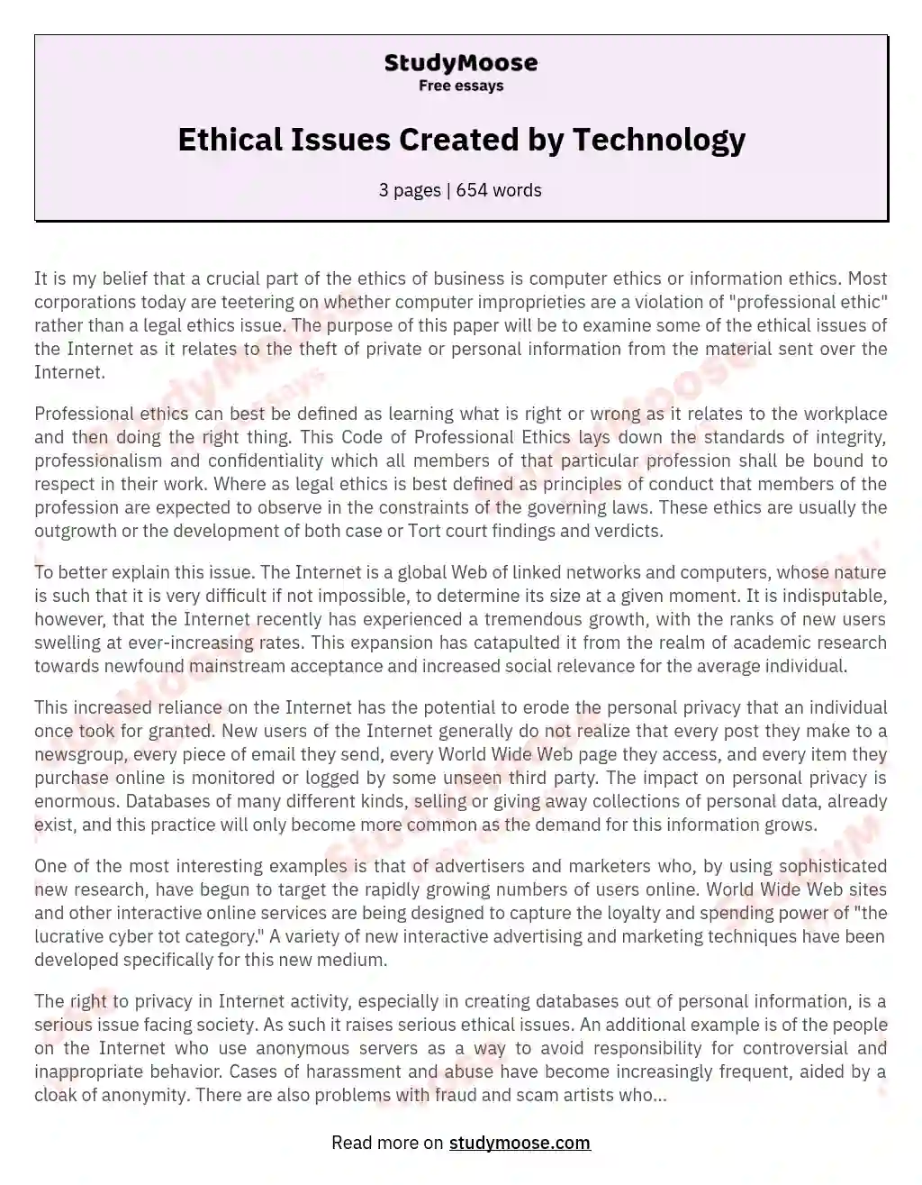 Ethical Issues Created by Technology essay