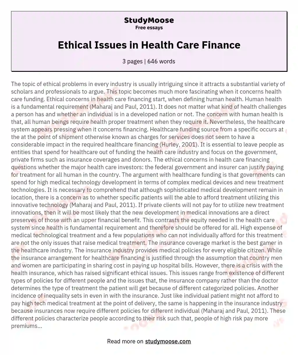 Ethical Issues in Health Care Finance essay