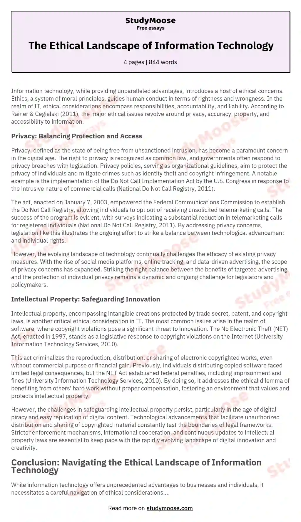 Ethical Issues In Information Technology Free Essay Example