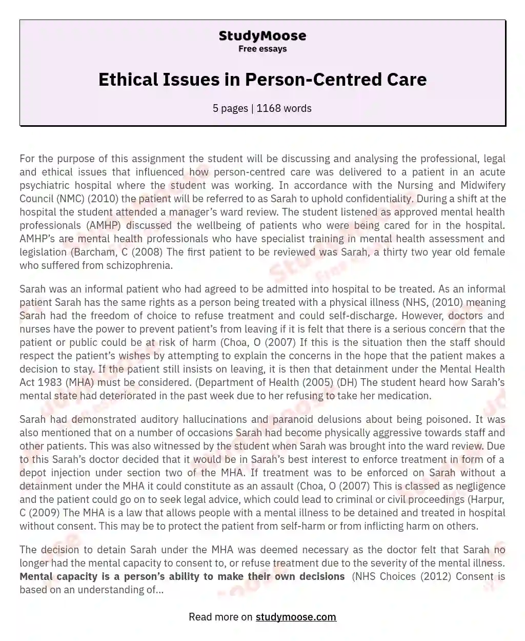 Ethical Issues in Person-Centred Care essay