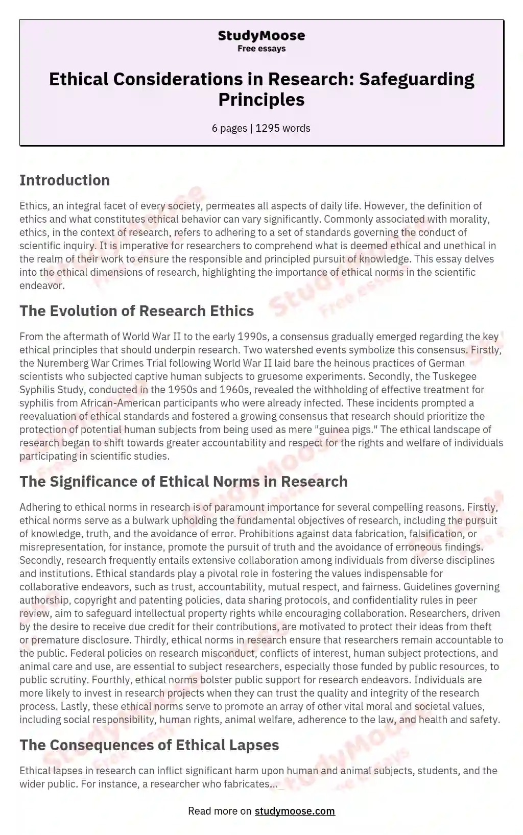 Ethical Issues In Social Research Free Essay Example