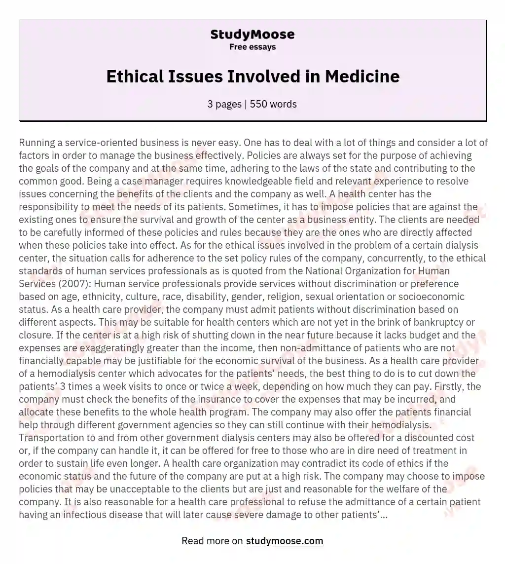 Ethical Issues Involved in Medicine essay