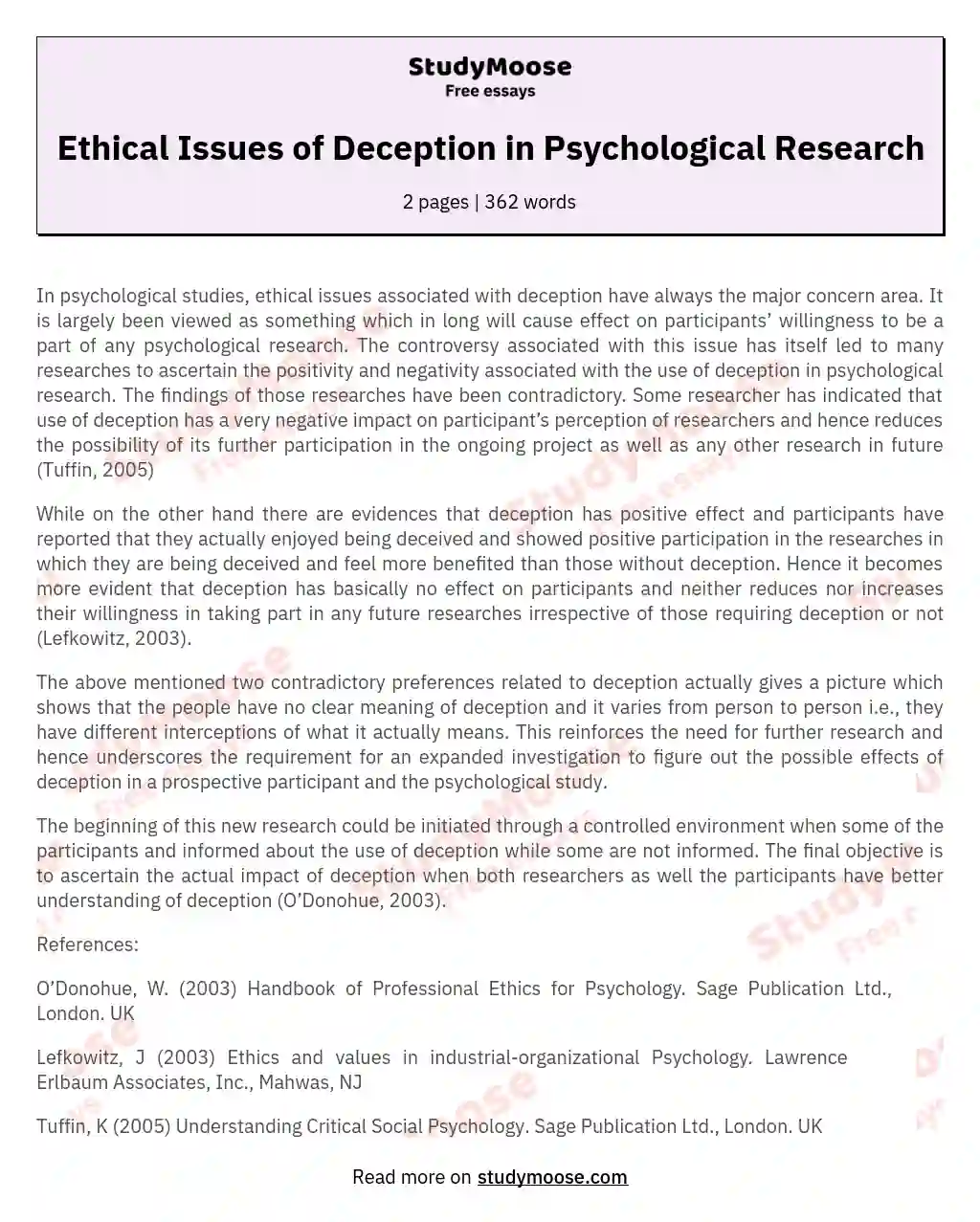 Ethical Issues of Deception in Psychological Research essay