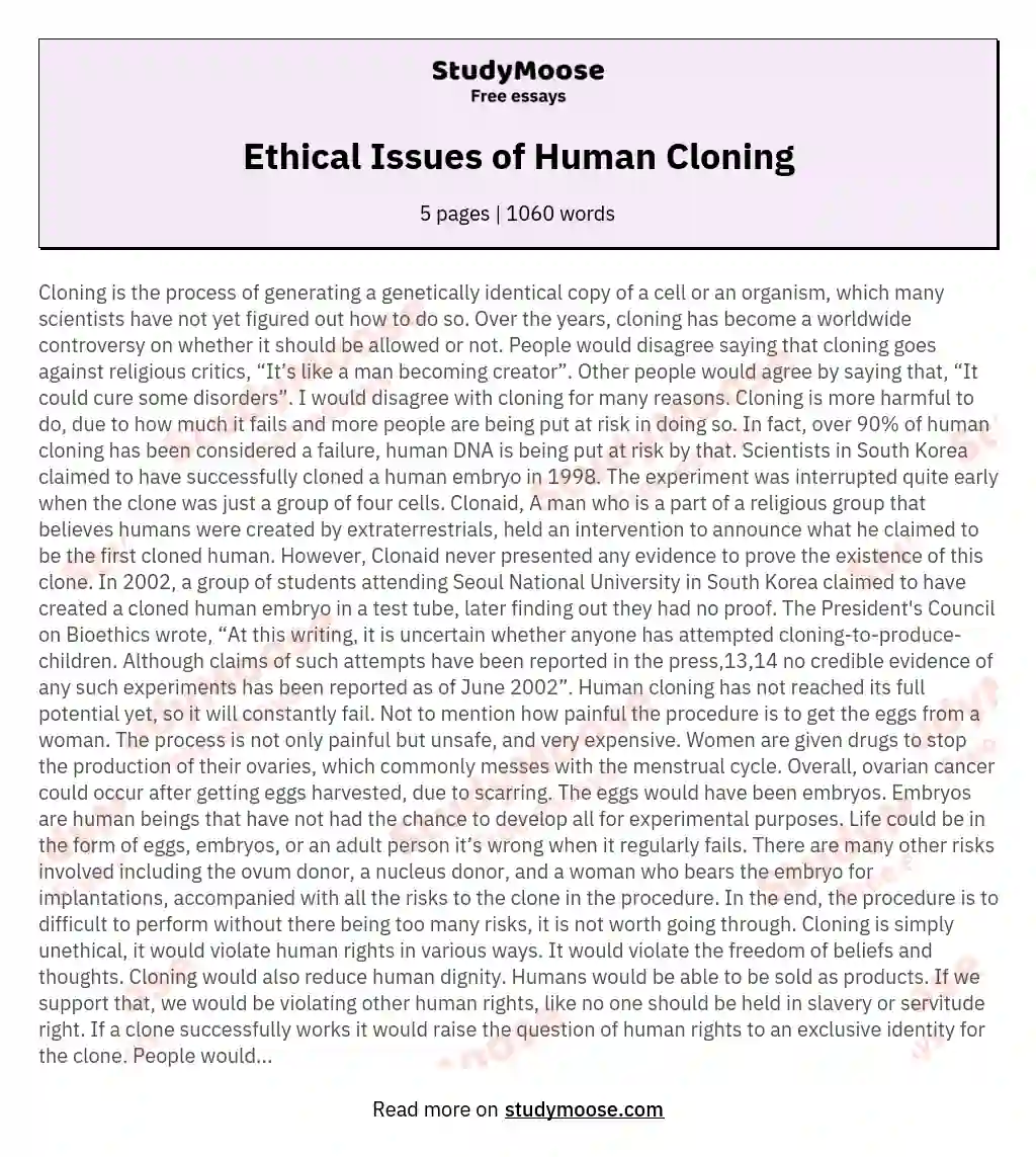 human cloning is not moral essay
