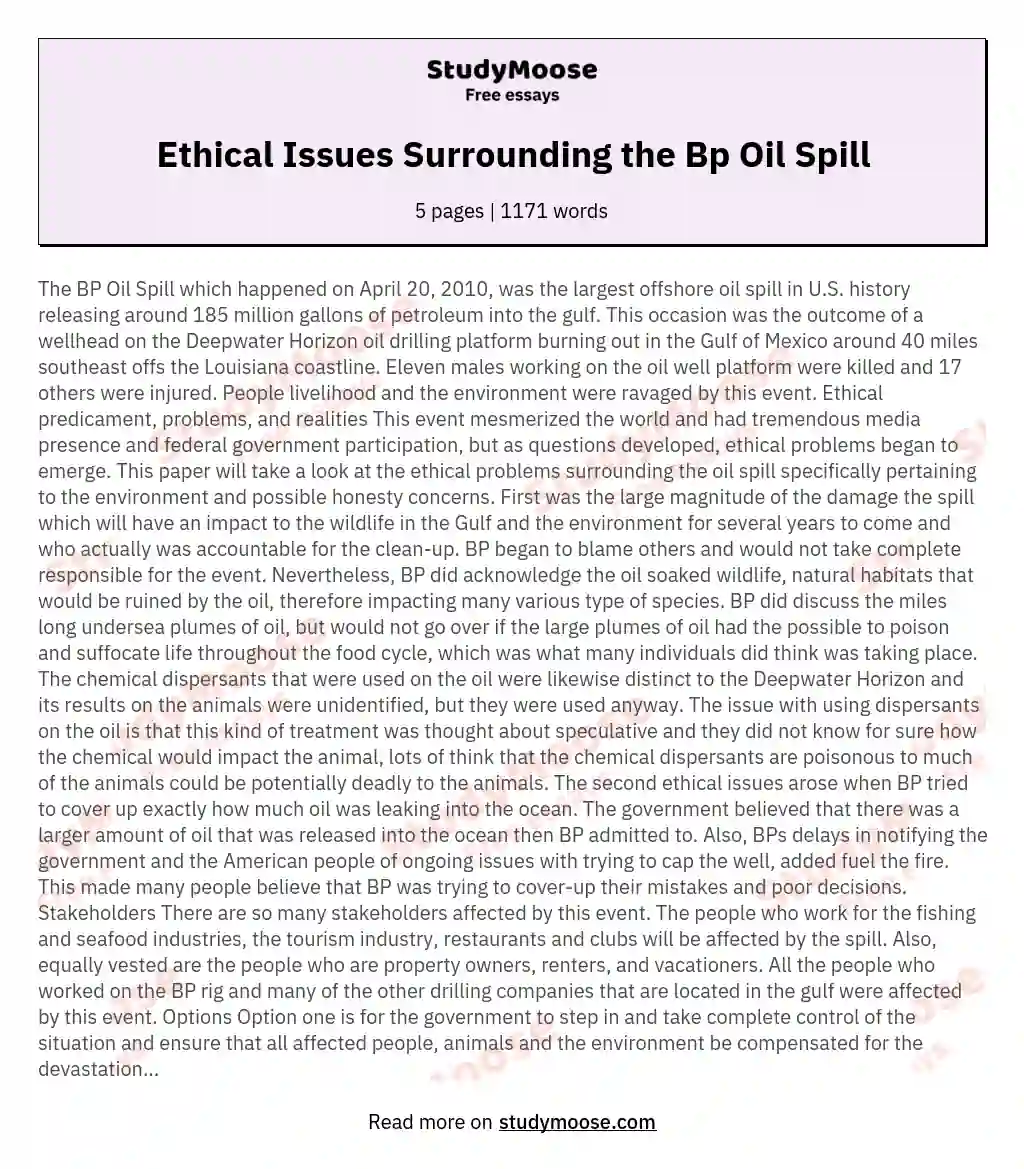Ethical Issues Surrounding the Bp Oil Spill