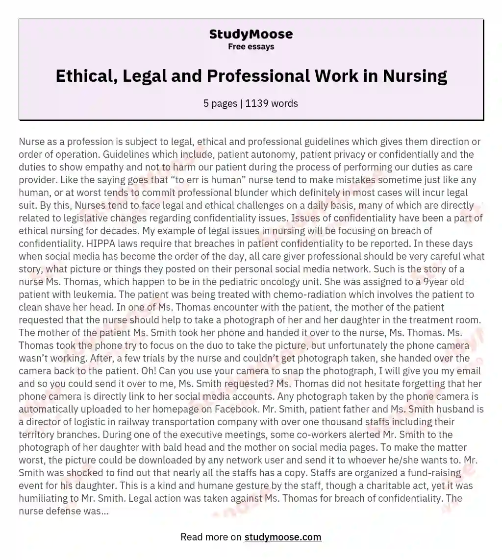 Ethical, Legal and Professional Work in Nursing