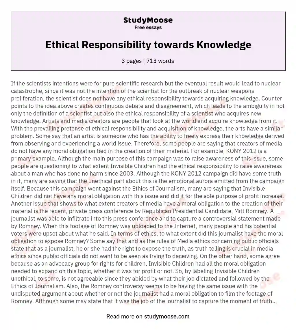 Ethical Responsibility towards Knowledge essay