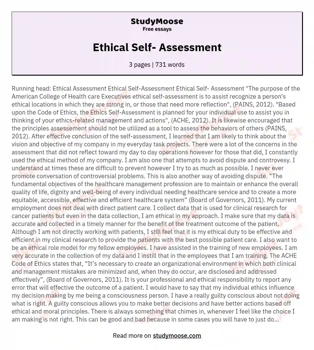 Ethical Self- Assessment essay