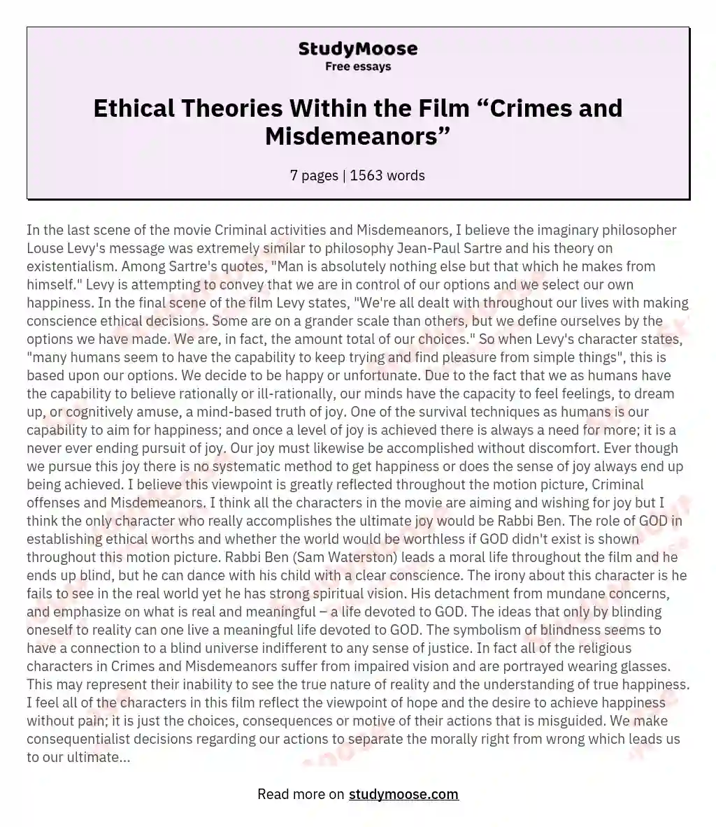 Ethical Theories Within the Film “Crimes and Misdemeanors”