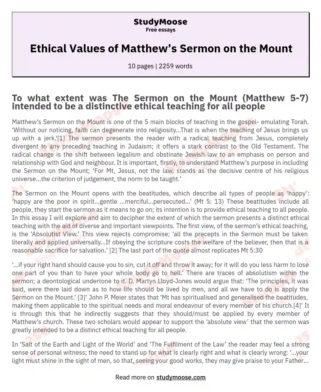 Ethical Values of Matthew’s Sermon on the Mount