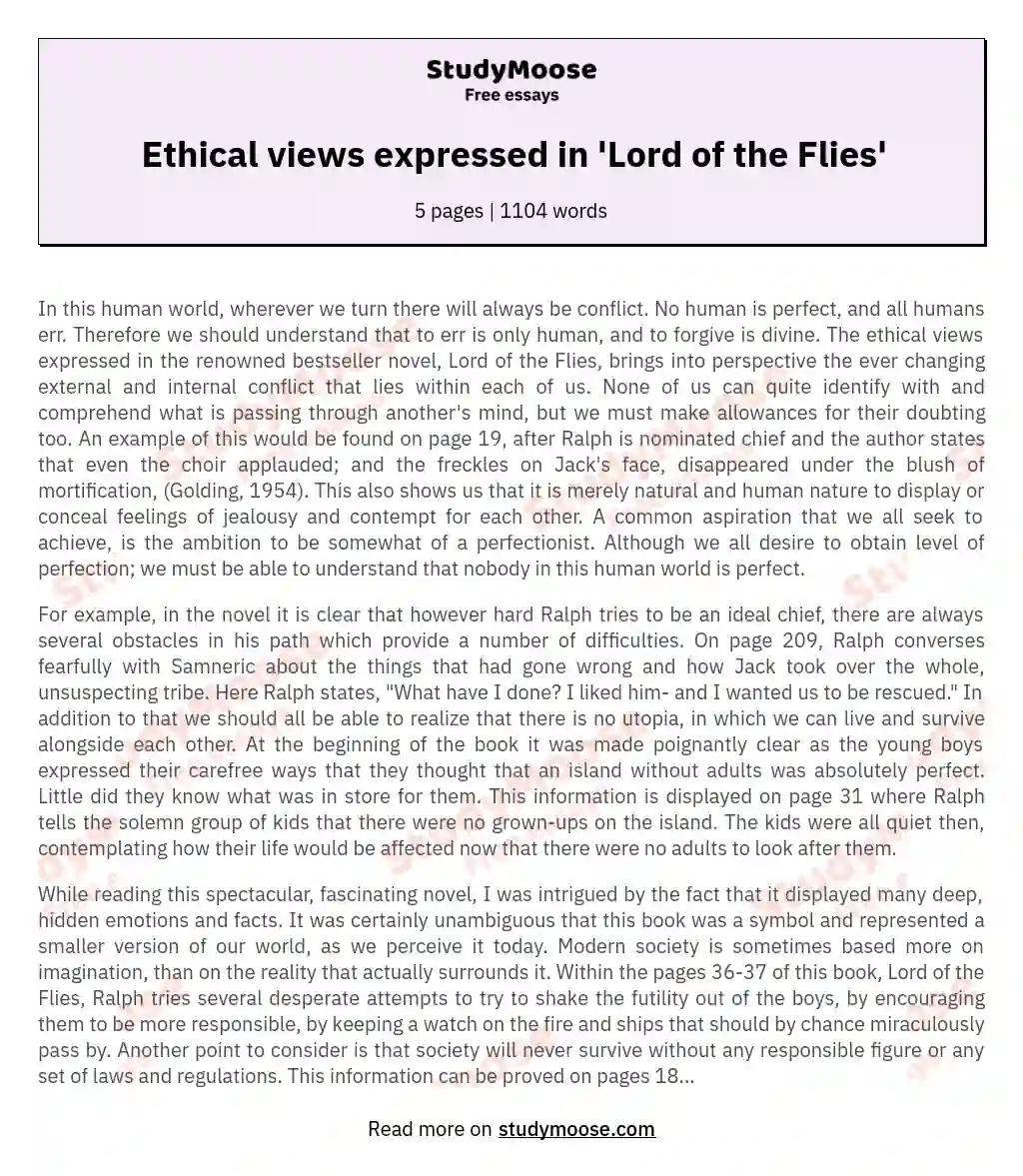Ethical views expressed in 'Lord of the Flies' essay