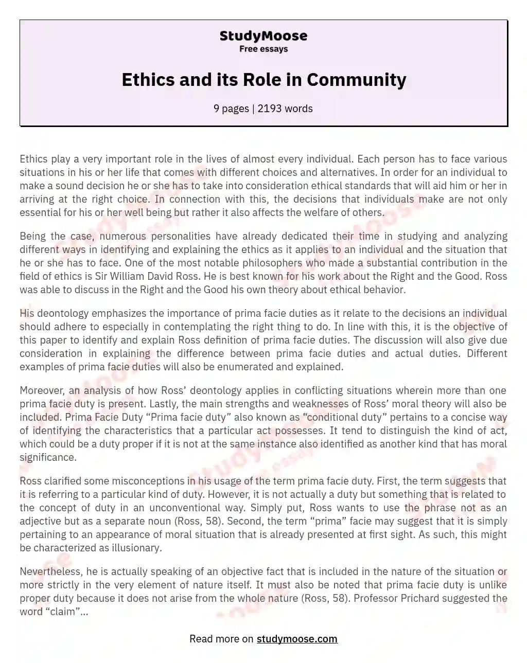 Ethics and its Role in Community essay