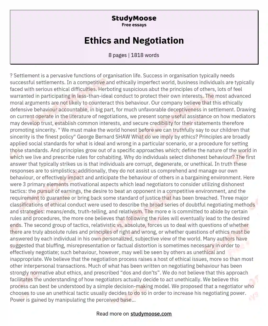 Ethics and Negotiation essay