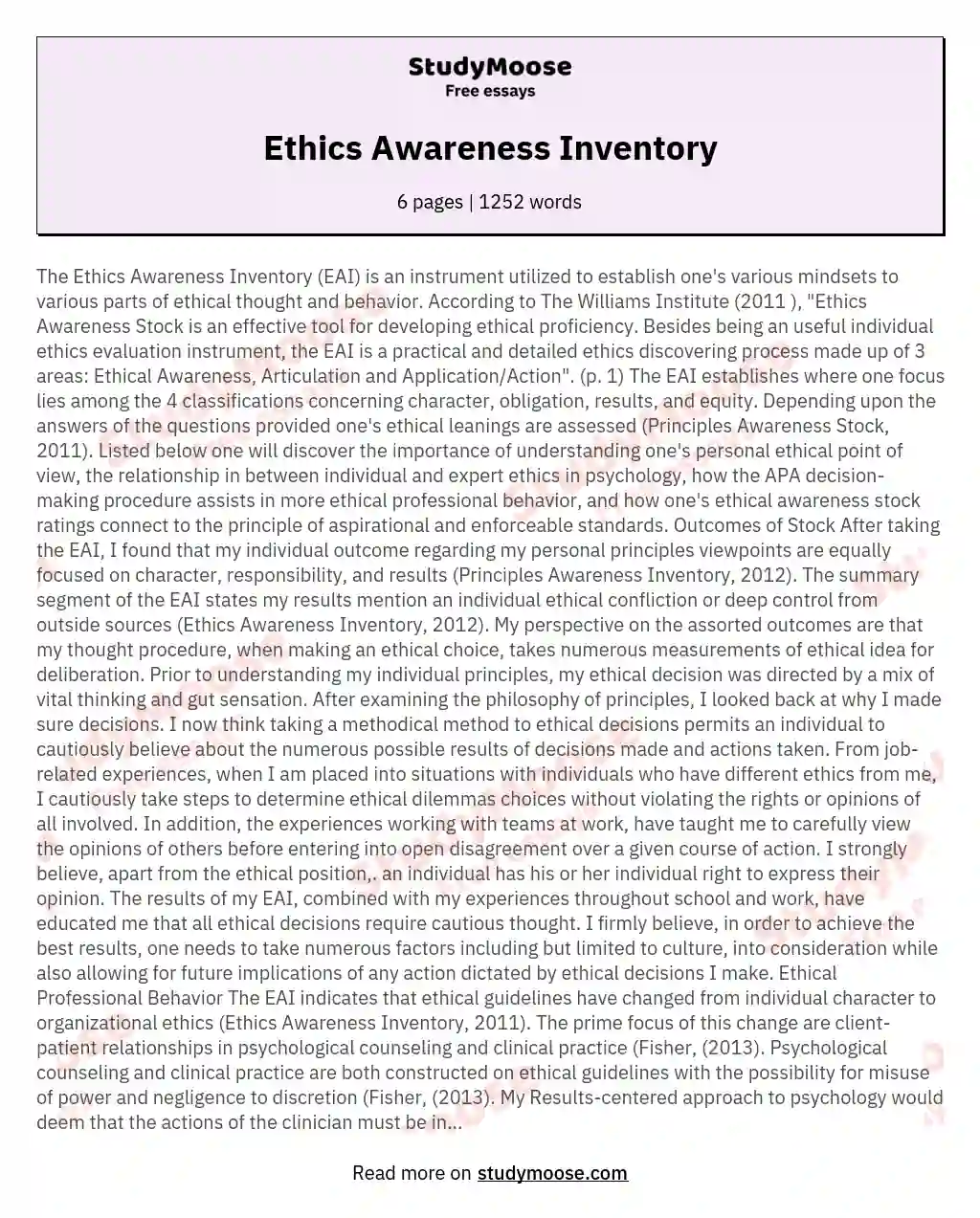 Ethics Awareness Inventory essay