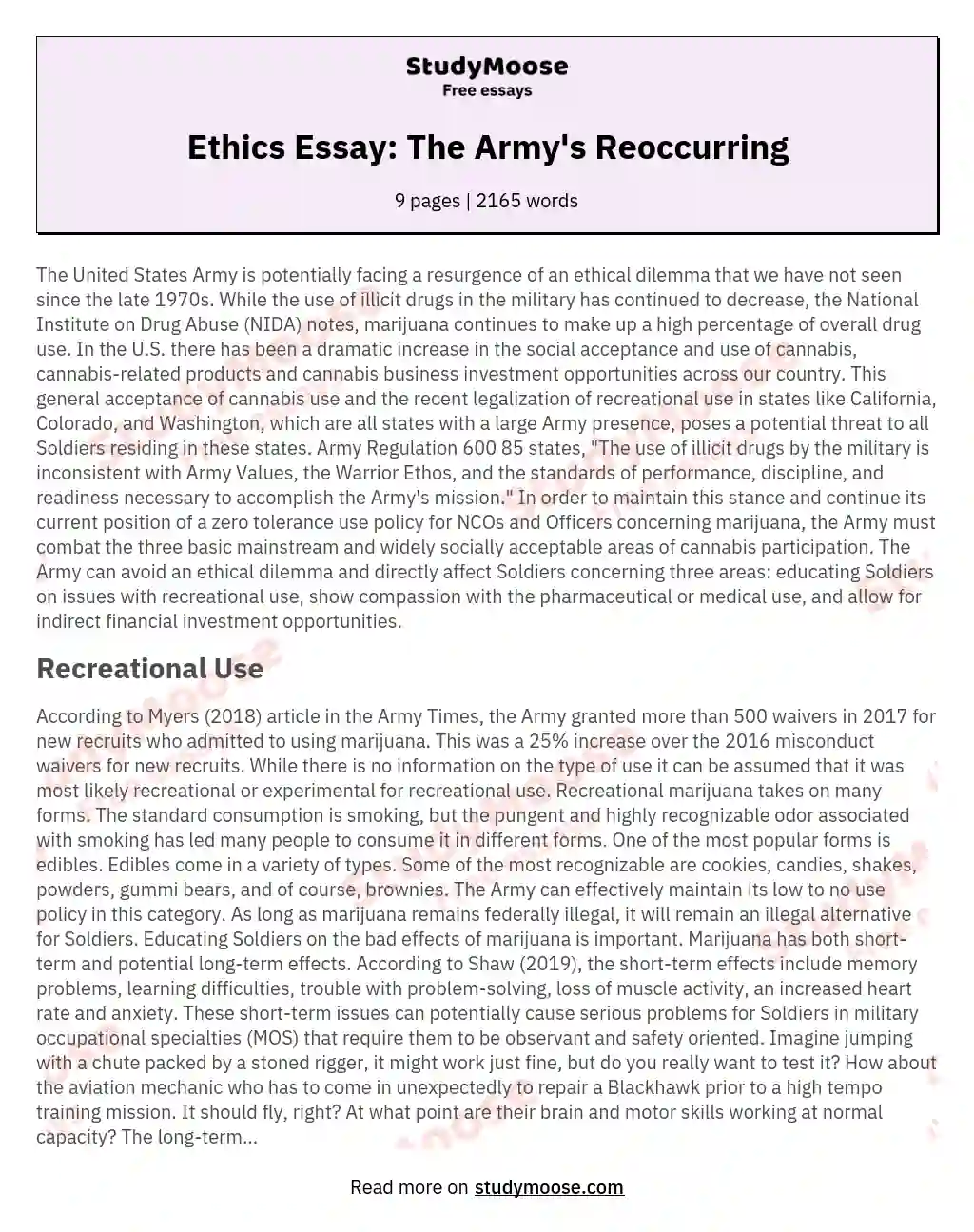 Ethics Essay: The Army's Reoccurring essay