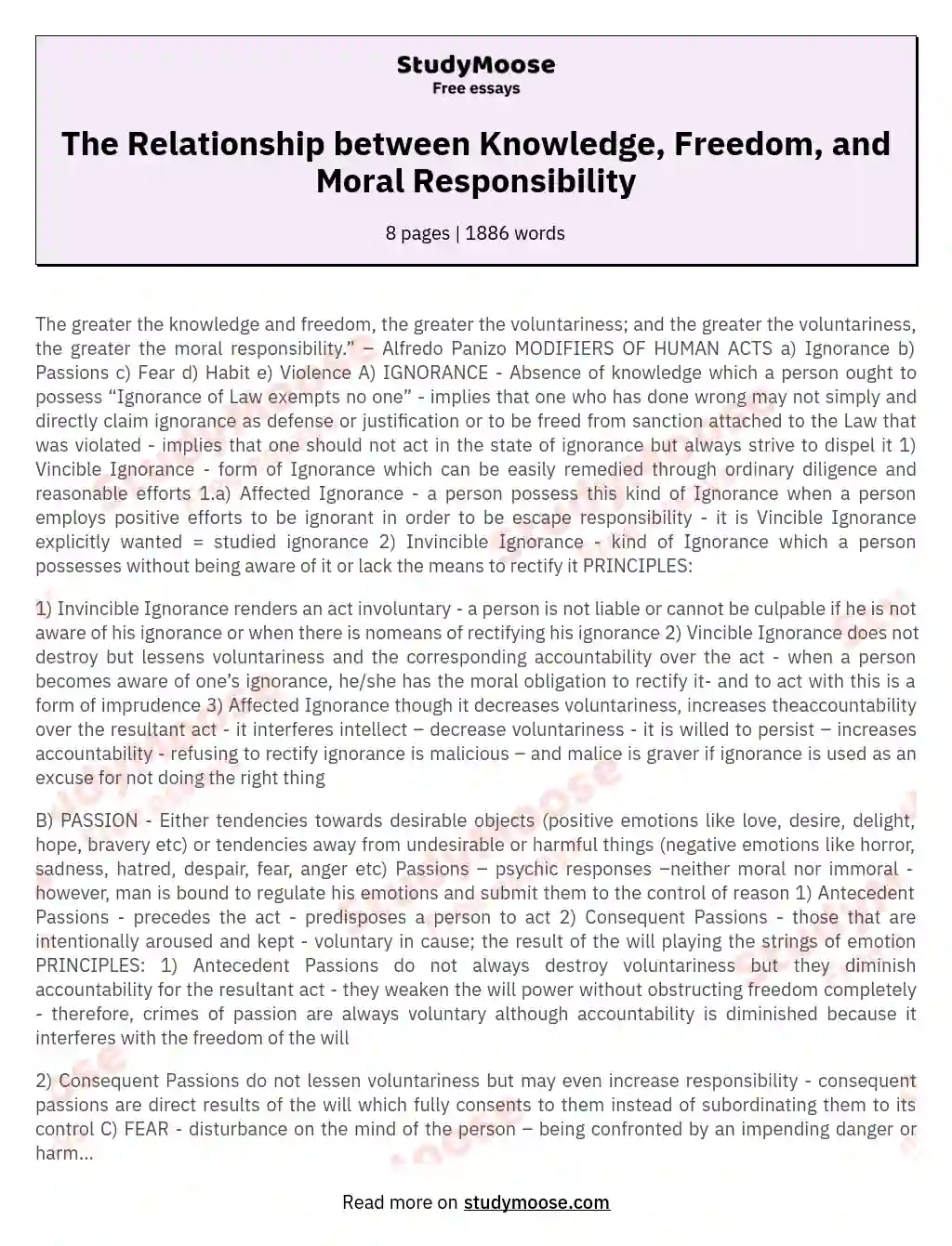 The Relationship between Knowledge, Freedom, and Moral Responsibility essay