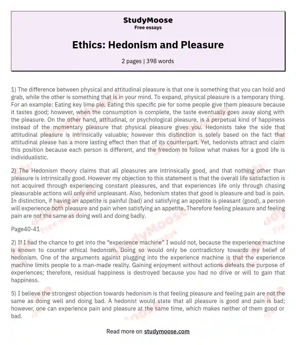 Ethics: Hedonism and Pleasure essay