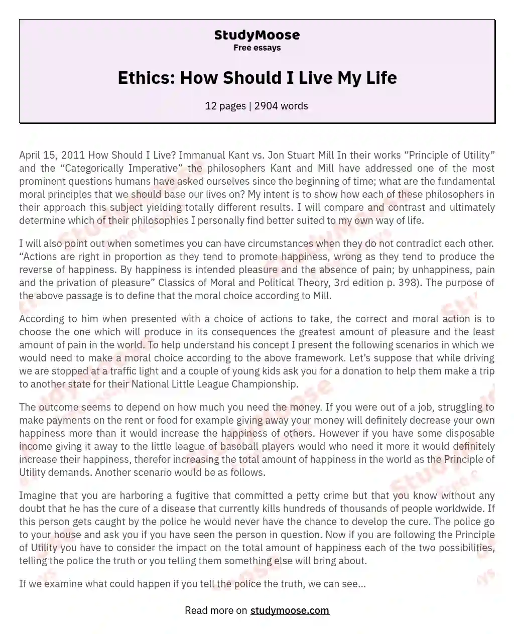 Ethics: How Should I Live My Life essay
