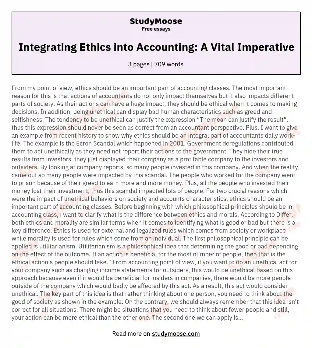 Integrating Ethics into Accounting: A Vital Imperative essay