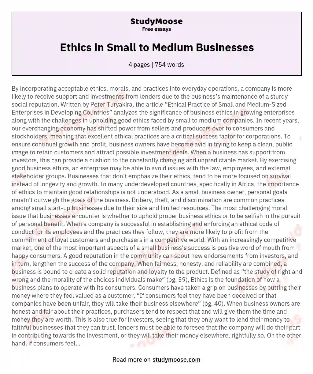 Ethics in Small to Medium Businesses essay