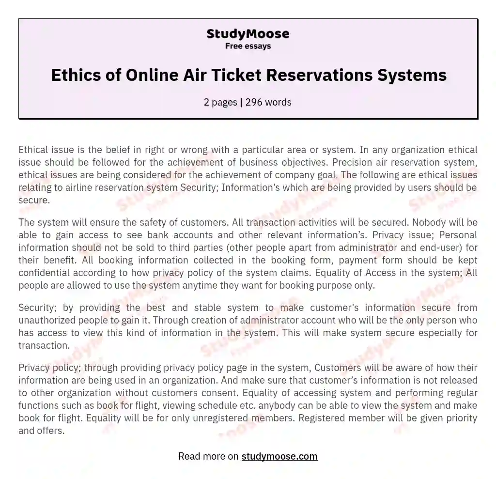 Ethics of Online Air Ticket Reservations Systems essay