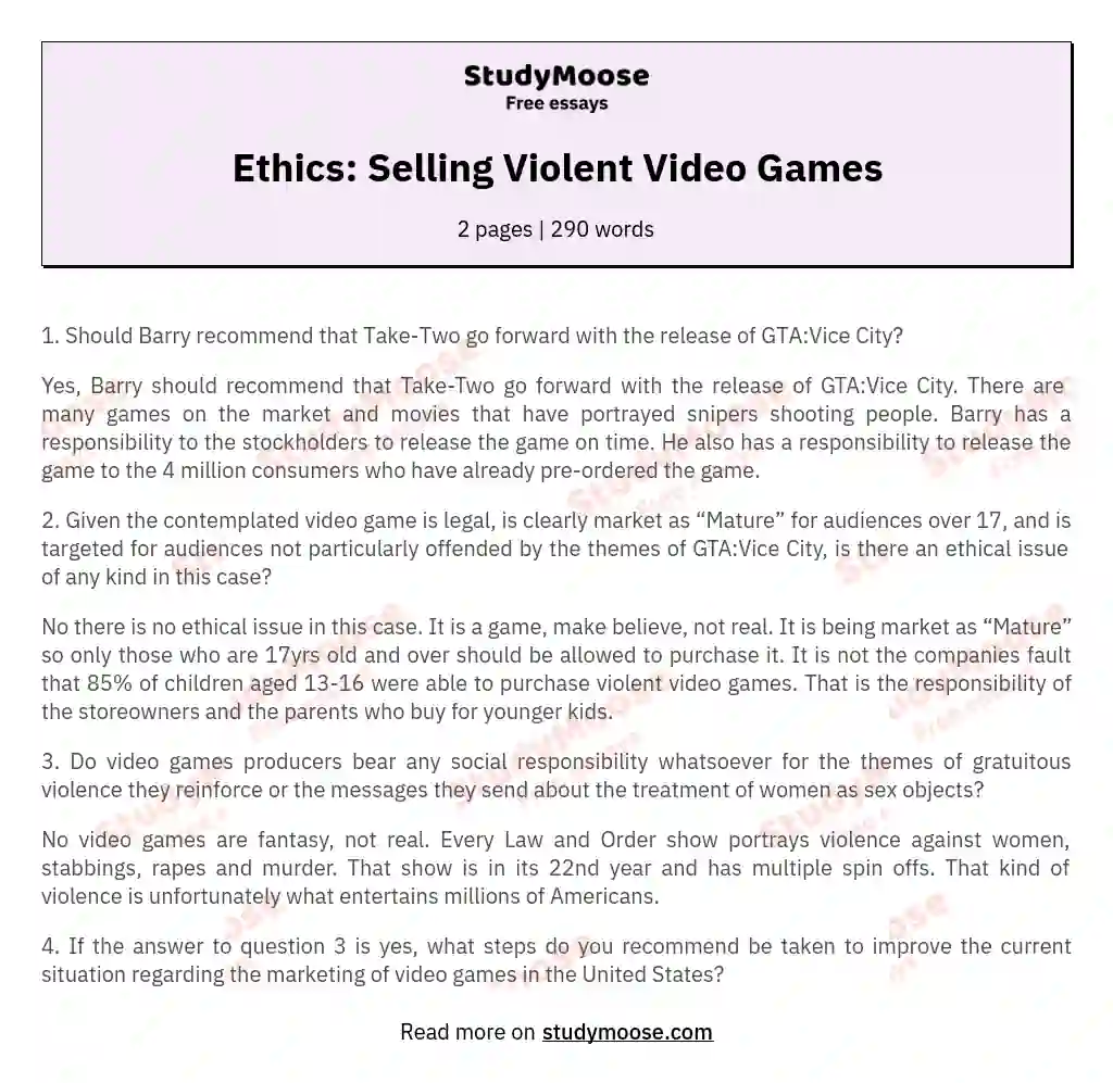 Ethics: Selling Violent Video Games essay