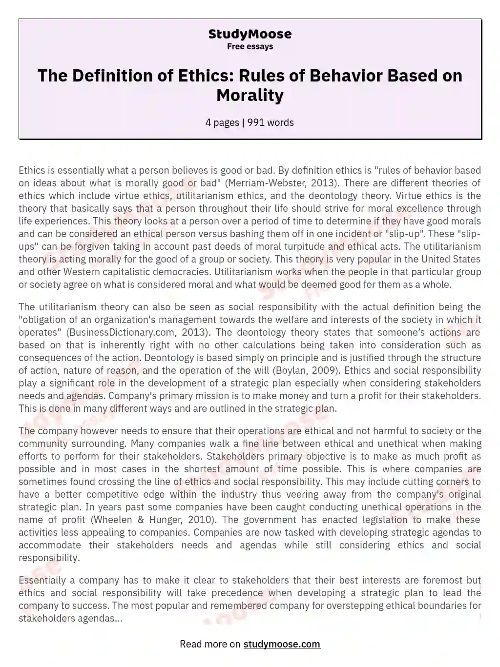 The Definition of Ethics: Rules of Behavior Based on Morality essay