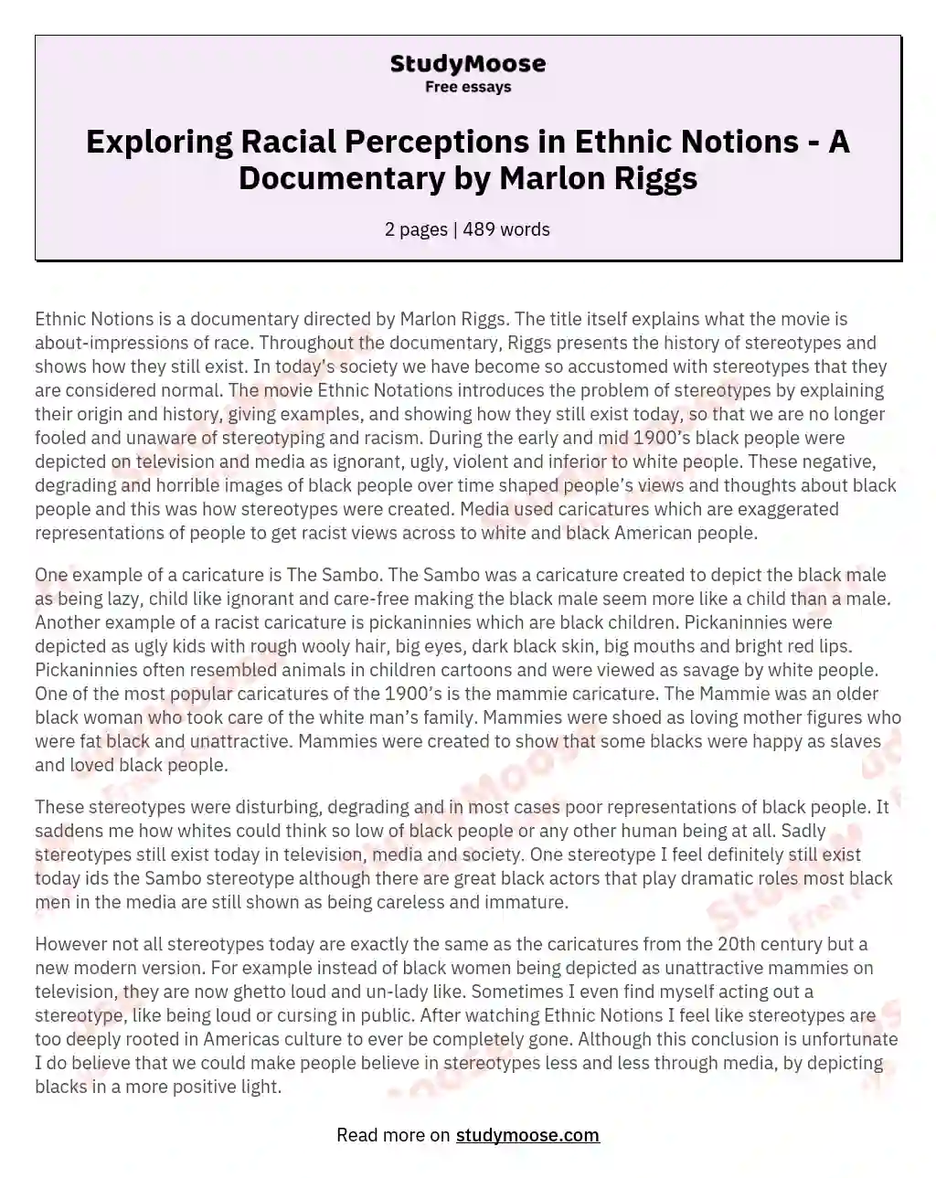 Exploring Racial Perceptions in Ethnic Notions - A Documentary by Marlon Riggs essay