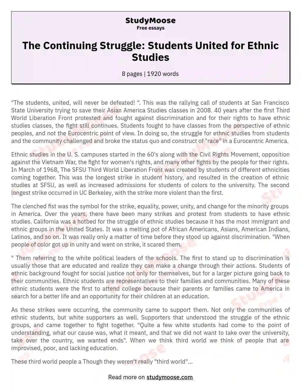 The Continuing Struggle: Students United for Ethnic Studies essay
