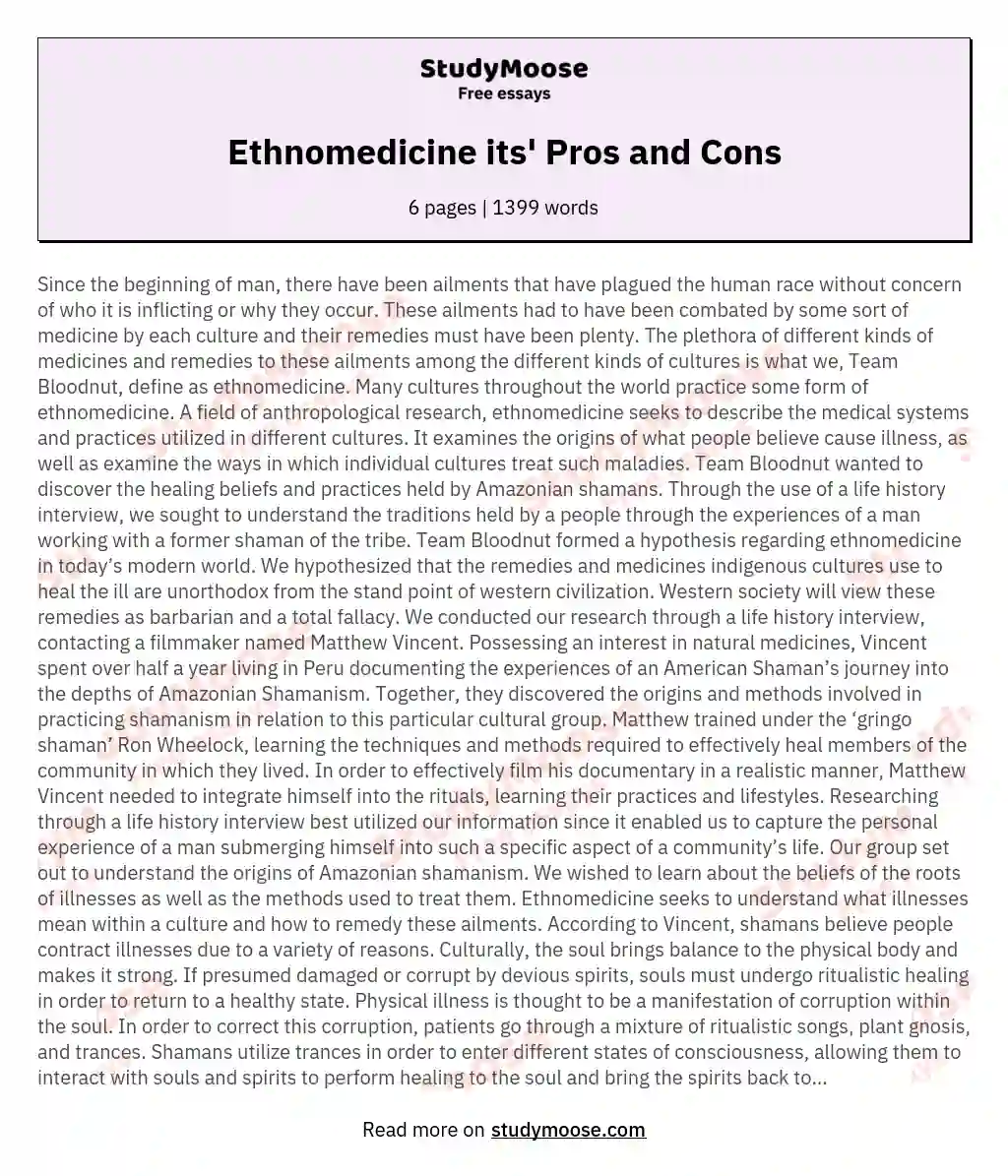 Ethnomedicine its' Pros and Cons essay