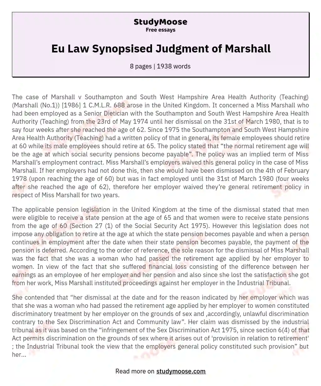 Eu Law Synopsised Judgment of Marshall essay