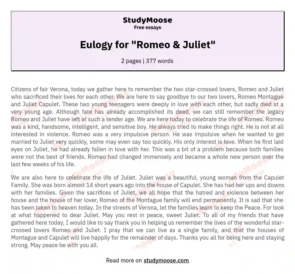 Eulogy for "Romeo & Juliet" essay