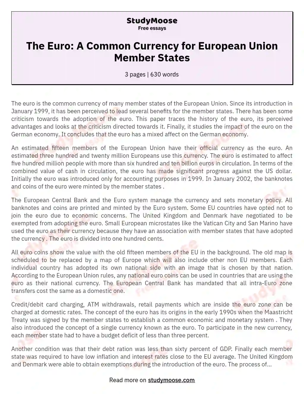 The Euro: A Common Currency for European Union Member States essay