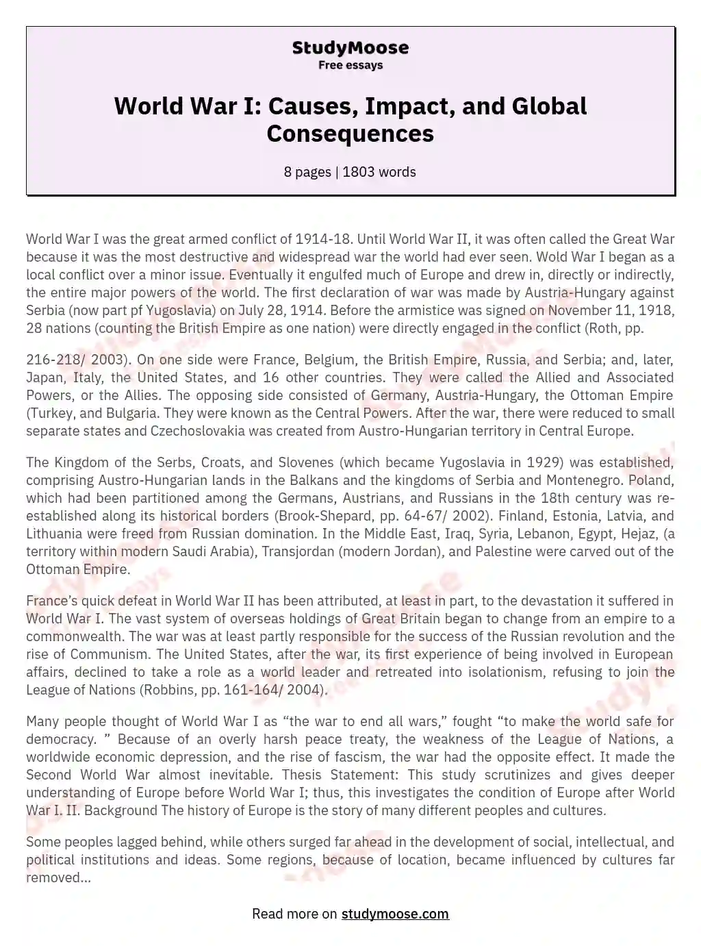 World War I: Causes, Impact, and Global Consequences essay