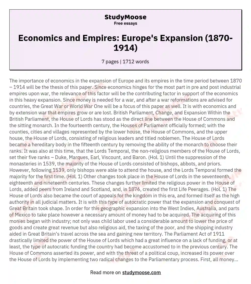 Economics and Empires: Europe's Expansion (1870-1914) essay