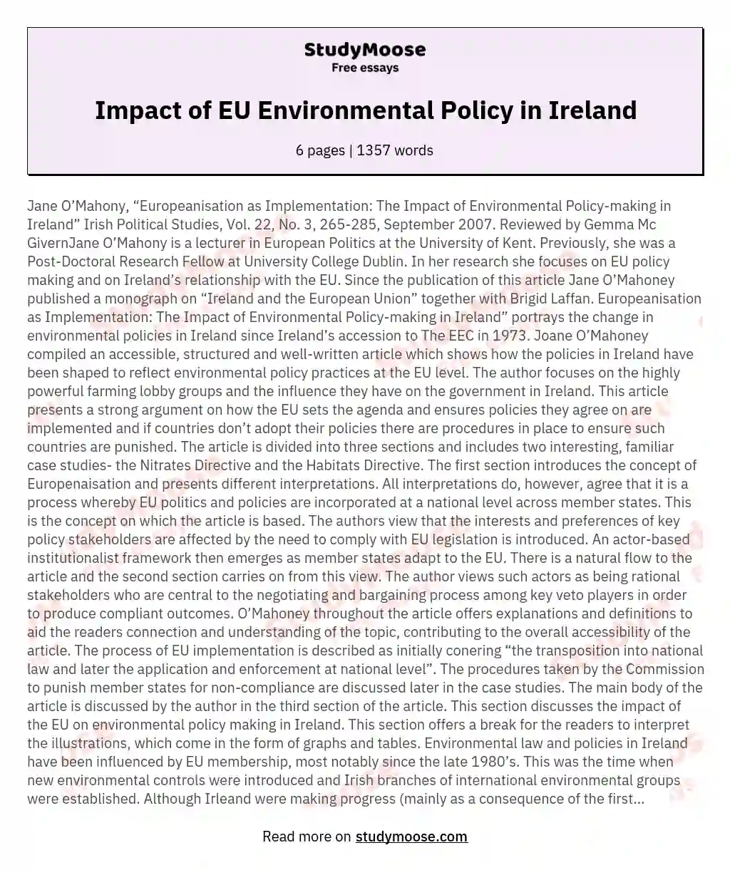 Impact of EU Environmental Policy in Ireland essay