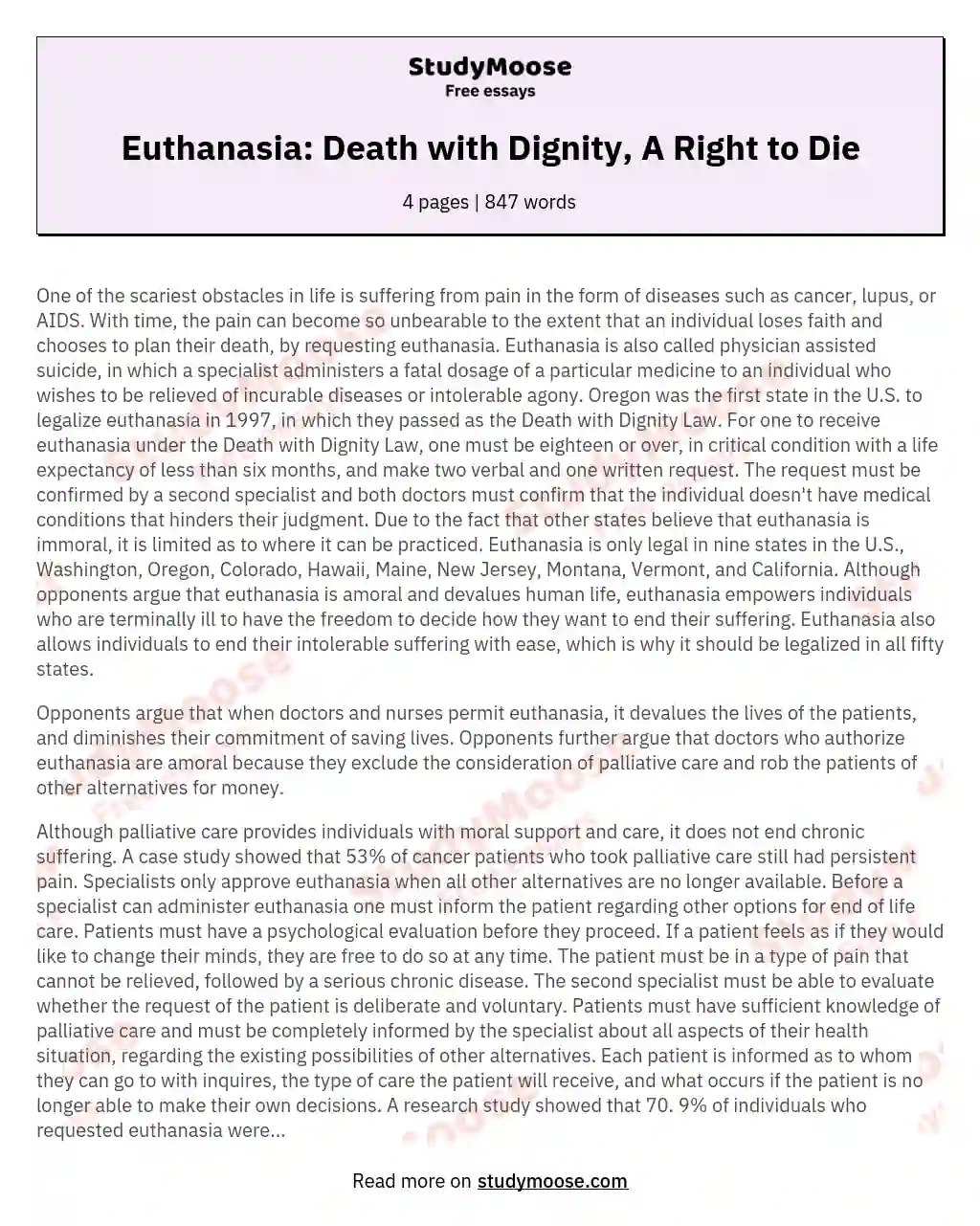Euthanasia: Death with Dignity, A Right to Die