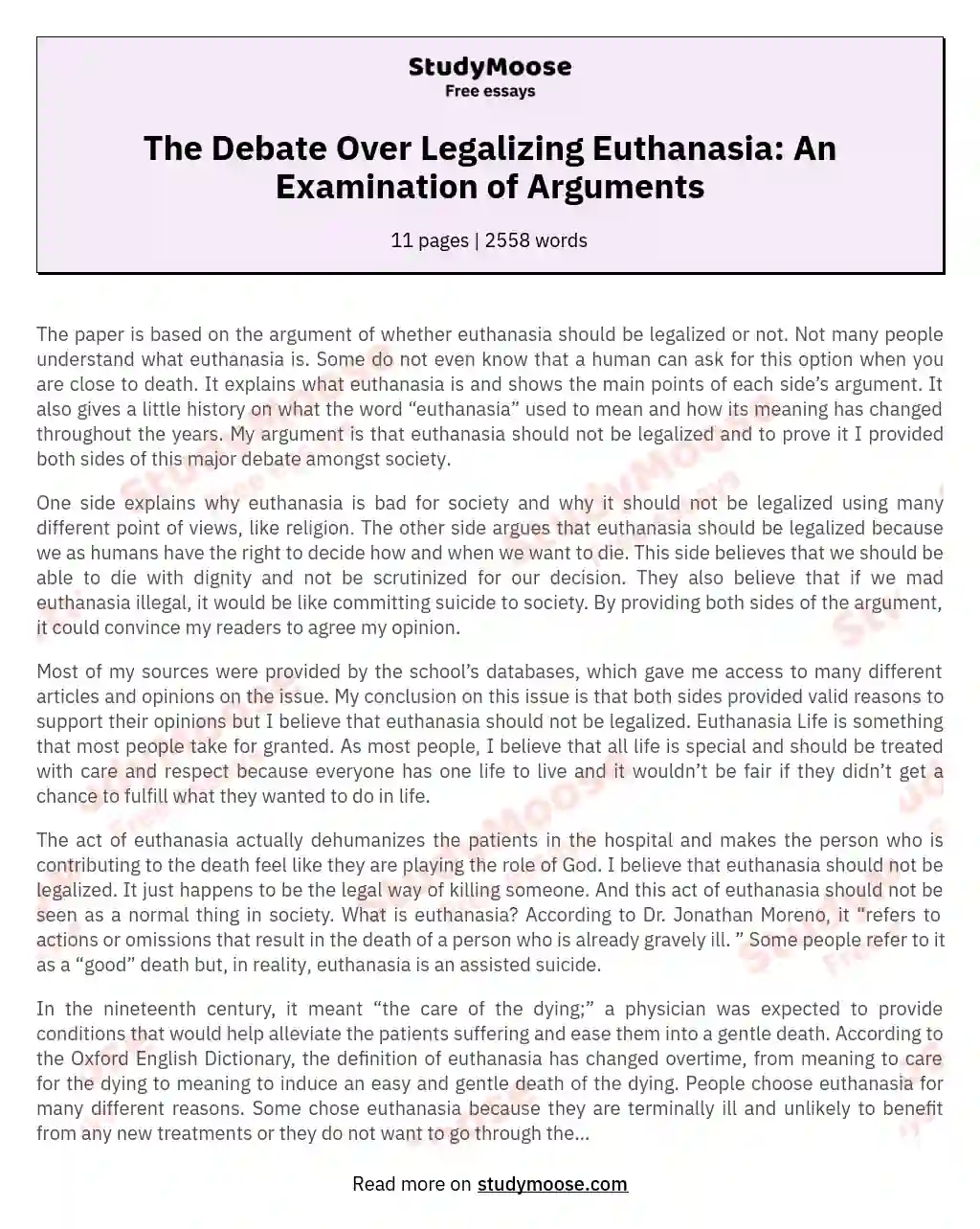 The Debate Over Legalizing Euthanasia: An Examination of Arguments essay