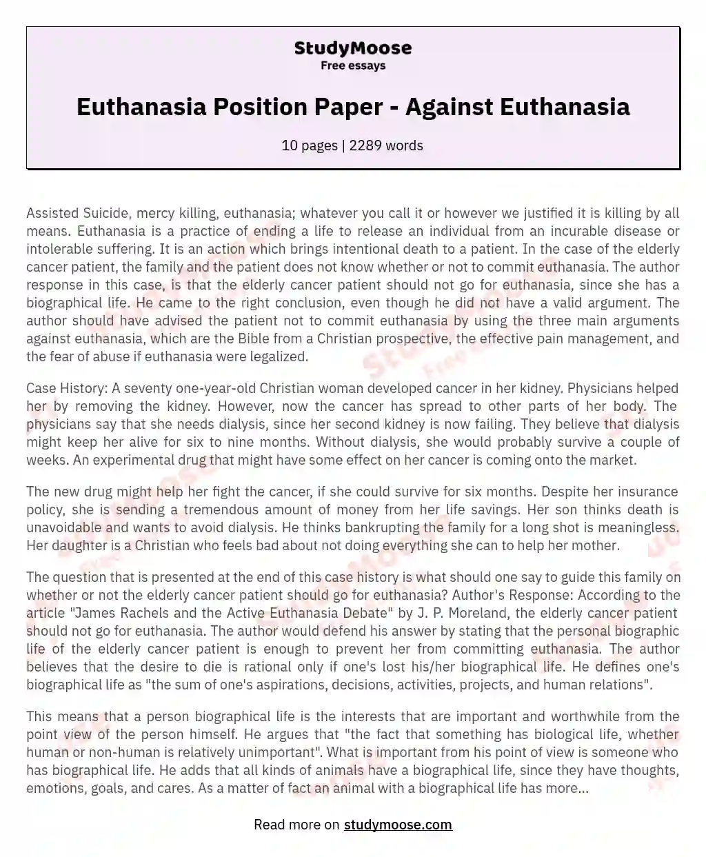 Euthanasia Position Paper - Against Euthanasia