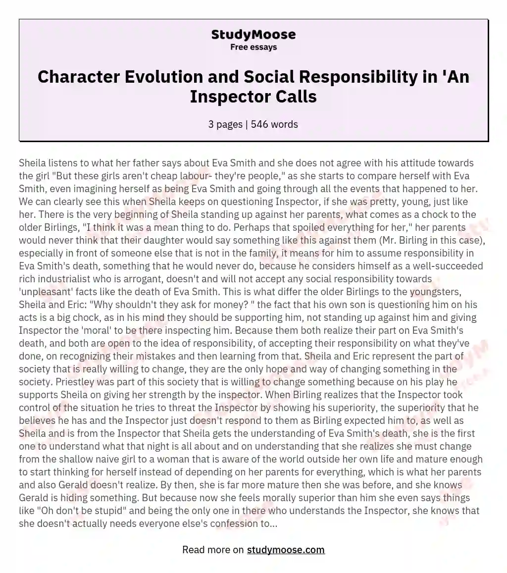 Character Evolution and Social Responsibility in 'An Inspector Calls essay